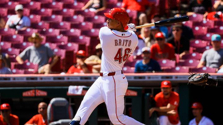 Sep 2, 2026; Cincinnati, Ohio, USA; Cincinnati Reds second baseman Juan Brito (46) hits a three-run home run in the second inning against the San Diego Padres at Great American Ball Park. Mandatory Credit: Katie Stratman-Imagn Images Sep 2, 2026; Cincinnati, Ohio, USA; Cincinnati Reds second baseman Juan Brito (46) hits a three-run home run in the second inning against the San Diego Padres at Great American Ball Park. Mandatory Credit: Katie Stratman-Imagn Images