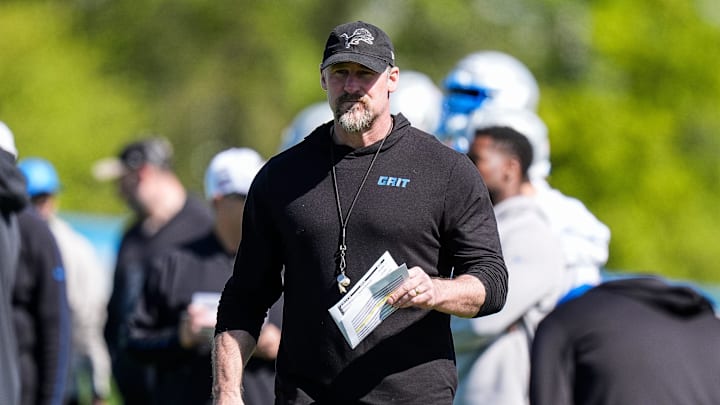 Detroit Lions head coach Dan Campbell watches practice during rookie mini camp at Meijer Performance Center in Allen Park on Friday, May 9, 2025.