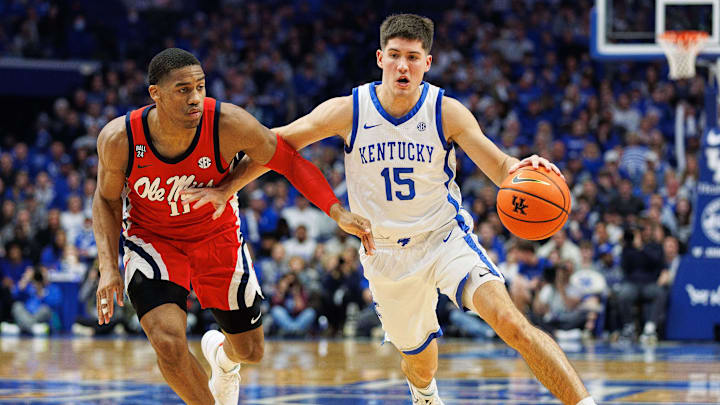 Feb 13, 2024; Lexington, Kentucky, USA; Kentucky Wildcats guard Reed Sheppard (15) drives to the