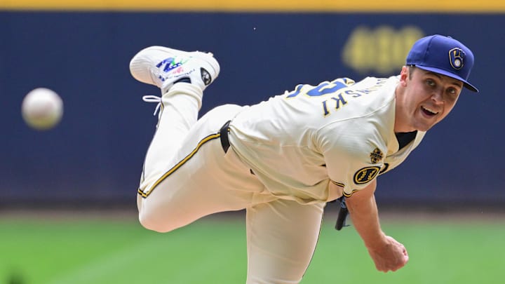 Jun 25, 2025; Milwaukee, Wisconsin, USA;  Milwaukee Brewers starting pitcher Jacob Misiorowski (32) throws a pitch in the fifth inning against the Pittsburgh Pirates at American Family Field. Mandatory Credit: Benny Sieu-Imagn Images