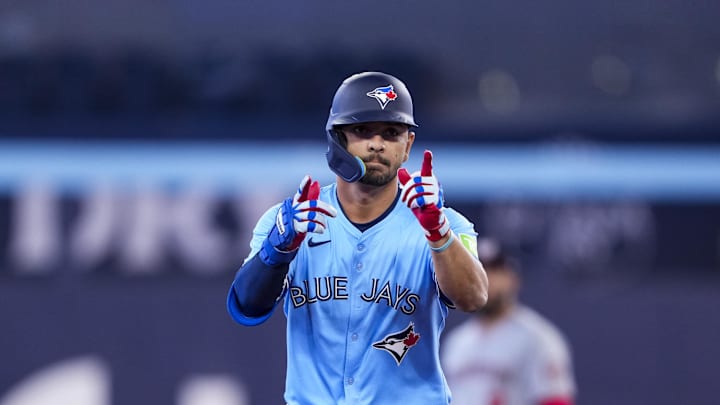 Toronto Blue Jays second baseman Andres Gimenez (0) celebrates after hitting a home run against the Washington Nationals during the second inning at Rogers Centre on March 31.