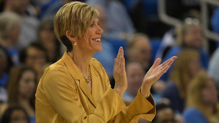 Feb 1, 2026; Los Angeles, California, USA;  Iowa Hawkeyes head coach Jan Jensen in the first half against the UCLA Bruins at Pauley Pavilion presented by Wescom Financial. Mandatory Credit: Jayne Kamin-Oncea-Imagn Images