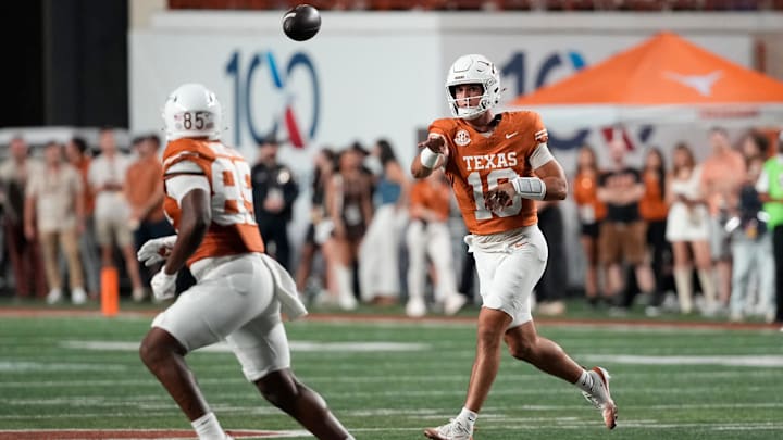 Texas Longhorns quarterback Matthew Caldwell (18) throws a pass during the second half against the Sam Houston Bearkats at Darrell K Royal-Texas Memorial Stadium. Texas Longhorns quarterback Matthew Caldwell (18) throws a pass during the second half against the Sam Houston Bearkats at Darrell K Royal-Texas Memorial Stadium.