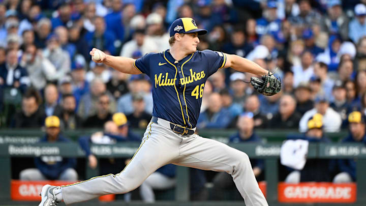Oct 8, 2025; Chicago, Illinois, USA; Milwaukee Brewers pitcher Quinn Priester (46) throws a pitch against the Chicago Cubs in the first inning during game three of the NLDS round for the 2025 MLB playoffs at Wrigley Field. Mandatory Credit: Matt Marton-Imagn Images