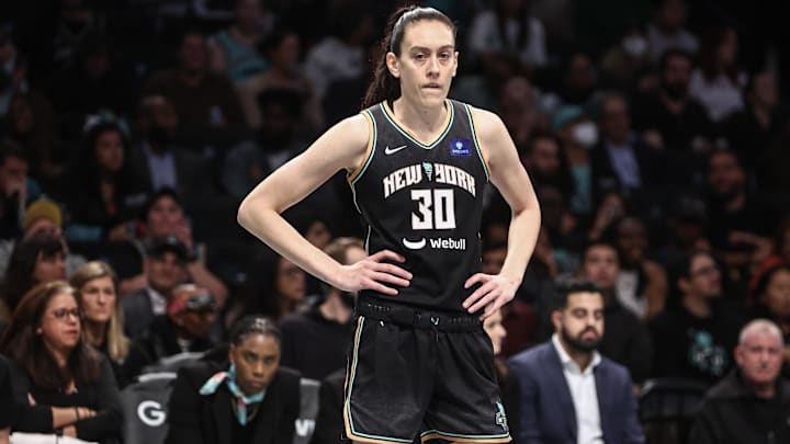Sep 24, 2024; Brooklyn, New York, USA; New York Liberty forward Breanna Stewart (30) during game two of the first round of the 2024 WNBA Playoffs at Barclays Center. Mandatory Credit: Wendell Cruz-Imagn Images