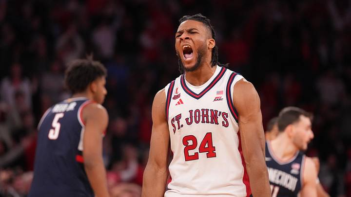Mar 14, 2026; New York, NY, USA; St. John's Red Storm forward Zuby Ejiofor (24) reacts in the closing moments of the second half of the men's Big East Conference Tournament Championship against the Connecticut Huskies at Madison Square Garden. Mar 14, 2026; New York, NY, USA; St. John's Red Storm forward Zuby Ejiofor (24) reacts in the closing moments of the second half of the men's Big East Conference Tournament Championship against the Connecticut Huskies at Madison Square Garden.
