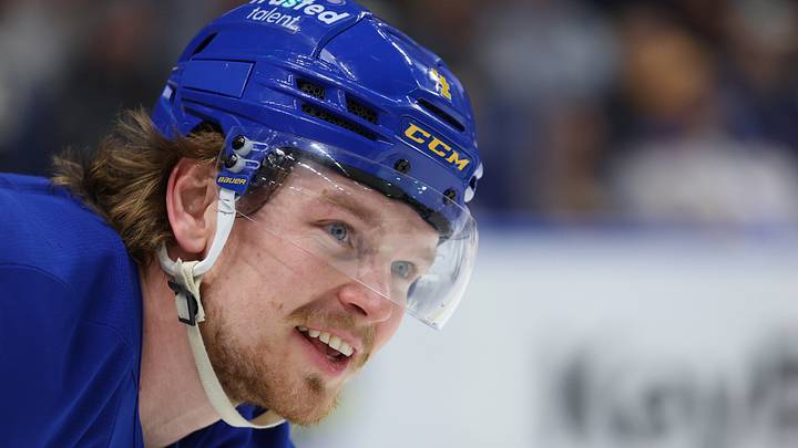 Mar 14, 2026; Buffalo, New York, USA;  Buffalo Sabres defenseman Bowen Byram (4) during a stoppage in play against the Toronto Maple Leafs at KeyBank Center. Mandatory Credit: Timothy T. Ludwig-Imagn Images