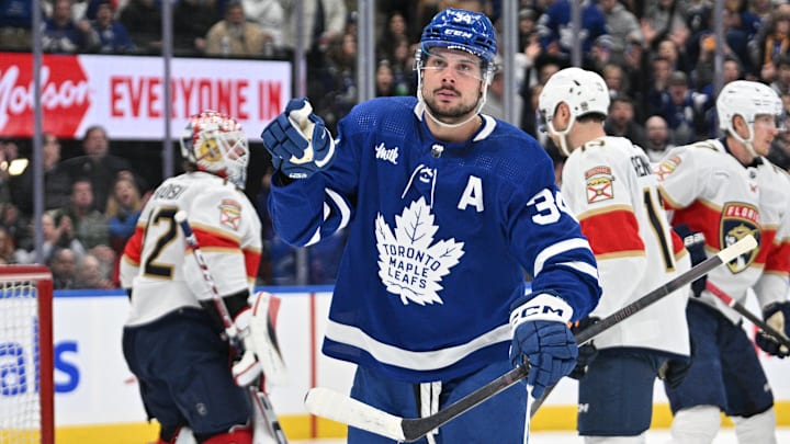 Apr 1, 2024; Toronto, Ontario, CAN; Toronto Maple Leafs forward Auston Matthews (34) celebrates after scoring a goal against the Florida Panthers.
