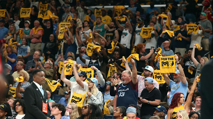 Apr 18, 2025; Memphis, Tennessee, USA; Memphis Grizzlies cheer during the fourth quarter against the Dallas Mavericks at FedExForum. Mandatory Credit: Petre Thomas-Imagn Images