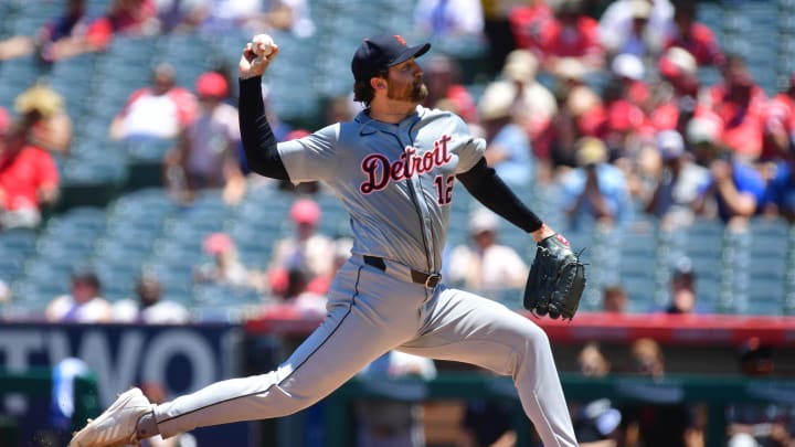 Detroit Tigers pitcher Casey Mize (12) throws against the Los Angeles Angels during the first inning at Angel Stadium on June 27.