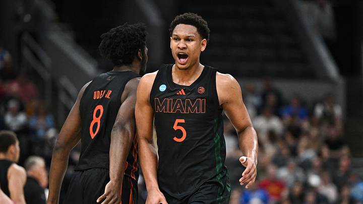 Mar 22, 2026; St. Louis, MO, USA; Miami Hurricanes forward Malik Reneau (5) celebrates with Miami Hurricanes center Ernest Udeh Jr. (8) after a play during the first half against the Purdue Boilermakers during a second round game of the men's 2026 NCAA Tournament at Enterprise Center. Mandatory Credit: Jeff Le-Imagn Images Mar 22, 2026; St. Louis, MO, USA; Miami Hurricanes forward Malik Reneau (5) celebrates with Miami Hurricanes center Ernest Udeh Jr. (8) after a play during the first half against the Purdue Boilermakers during a second round game of the men's 2026 NCAA Tournament at Enterprise Center. Mandatory Credit: Jeff Le-Imagn Images