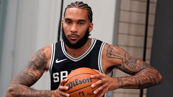 Sep 30, 2024; San Antonio, TX, USA; San Antonio Spurs forward Julian Champagnie (30) poses for photos during Media day at Victory Capital Performance Center in San Antonio.