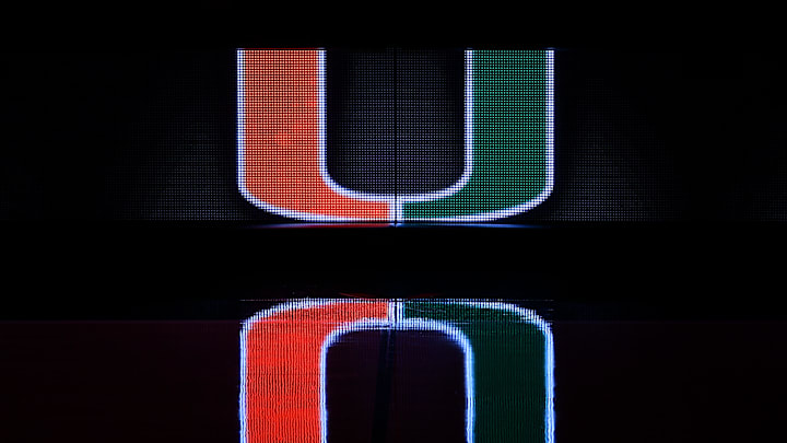 Dec 8, 2020; Coral Gables, Florida, USA; A general view of a reflection of the Miami Hurricanes school logo on the scorers table prior to the game between the Miami Hurricanes and the Purdue Boilermakers at Watsco Center. Mandatory Credit: Jasen Vinlove-USA TODAY Sports