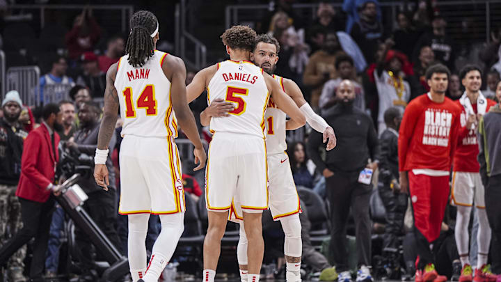 Feb 24, 2025; Atlanta, Georgia, USA; Atlanta Hawks guards Trae Young (11) and Dyson Daniels (5) react after the Hawks defeated the Miami Heat at State Farm Arena. Mandatory Credit: Dale Zanine-Imagn Images Feb 24, 2025; Atlanta, Georgia, USA; Atlanta Hawks guards Trae Young (11) and Dyson Daniels (5) react after the Hawks defeated the Miami Heat at State Farm Arena. Mandatory Credit: Dale Zanine-Imagn Images