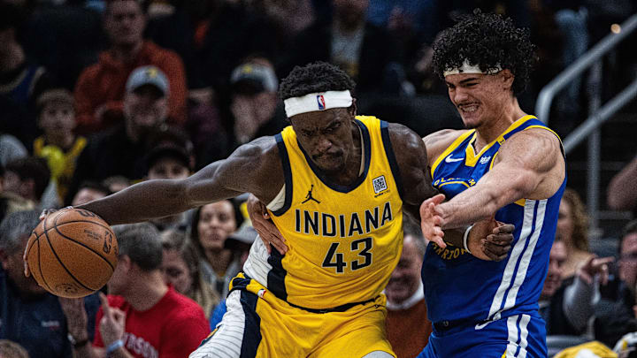 Jan 10, 2025; Indianapolis, Indiana, USA; Indiana Pacers forward Pascal Siakam (43) dribbles the ball while Golden State Warriors forward Gui Santos (15) defends in the first half at Gainbridge Fieldhouse. Mandatory Credit: Trevor Ruszkowski-Imagn Images Jan 10, 2025; Indianapolis, Indiana, USA; Indiana Pacers forward Pascal Siakam (43) dribbles the ball while Golden State Warriors forward Gui Santos (15) defends in the first half at Gainbridge Fieldhouse. Mandatory Credit: Trevor Ruszkowski-Imagn Images