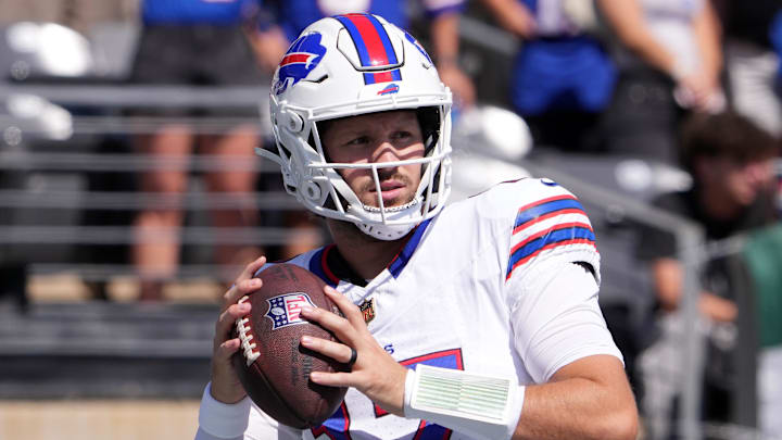 Buffalo Bills quarterback Josh Allen (17) practices before the game against the New York Jets at MetLife Stadium. Buffalo Bills quarterback Josh Allen (17) practices before the game against the New York Jets at MetLife Stadium.