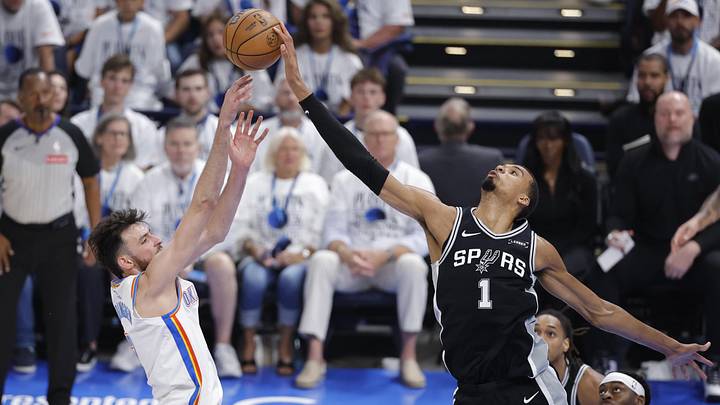 Spurs forward Victor Wembanyama blocks Thunder center Chet Holmgren during the Game 5 of the Western Conference finals. Spurs forward Victor Wembanyama blocks Thunder center Chet Holmgren during the Game 5 of the Western Conference finals.