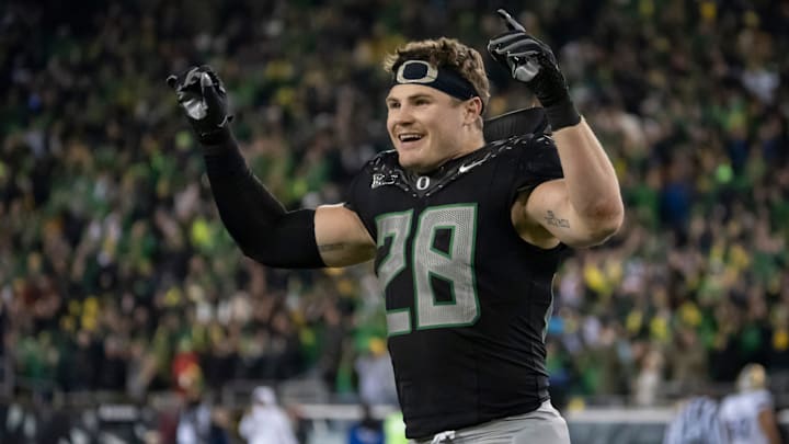 Oregon inside linebacker Bryce Boettcher dances to “Shout” as the No. 1 Oregon Ducks host the Washington Huskies on Saturday, Nov. 30, 2024, at Autzen Stadium in Eugene, Ore.