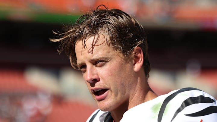 Sep 7, 2025; Cleveland, Ohio, USA; Cincinnati Bengals quarterback Joe Burrow (9) is interviewed after a game against the Cleveland Browns at Huntington Bank Field. Mandatory Credit: Scott Galvin-Imagn Images