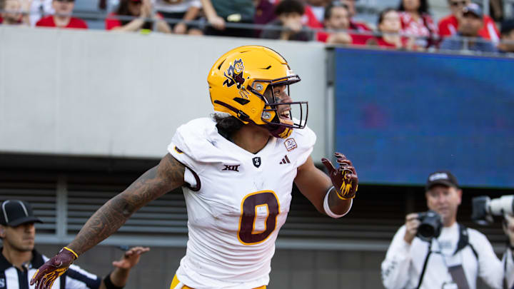 Nov 30, 2024; Tucson, Arizona, USA; Arizona State Sun Devils wide receiver Jordyn Tyson (0) against the Arizona Wildcats during the Territorial Cup at Arizona Stadium. Mandatory Credit: Mark J. Rebilas-Imagn Images