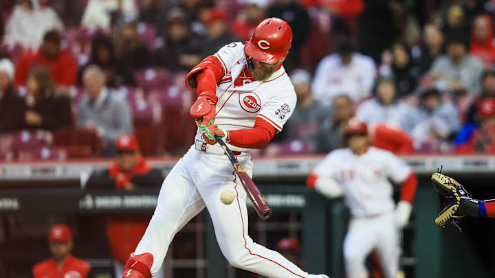 Mar 31, 2025; Cincinnati, Ohio, USA; Cincinnati Reds outfielder Jake Fraley (27) bats against the Texas Rangers in the second inning at Great American Ball Park. Mandatory Credit: Katie Stratman-Imagn Images Mar 31, 2025; Cincinnati, Ohio, USA; Cincinnati Reds outfielder Jake Fraley (27) bats against the Texas Rangers in the second inning at Great American Ball Park. Mandatory Credit: Katie Stratman-Imagn Images