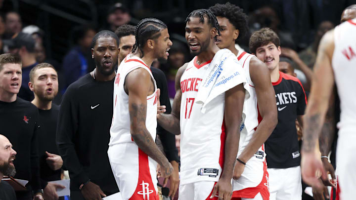 Oct 31, 2024; Dallas, Texas, USA;  Houston Rockets guard Jalen Green (4) celebrates with Houston Rockets forward Tari Eason (17) during the second half against the Dallas Mavericks at American Airlines Center. Mandatory Credit: Kevin Jairaj-Imagn Images