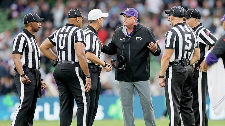Aug 29, 2026; Dublin, Co. Dublin, IRL;  TCU Horned Frogs head coach Sonny Dykes has a discussion with the officiating crew in the first half against the North Carolina Tar Heels at Aviva Stadium.  Mandatory Credit: Laszlo Geczo-Imagn Images