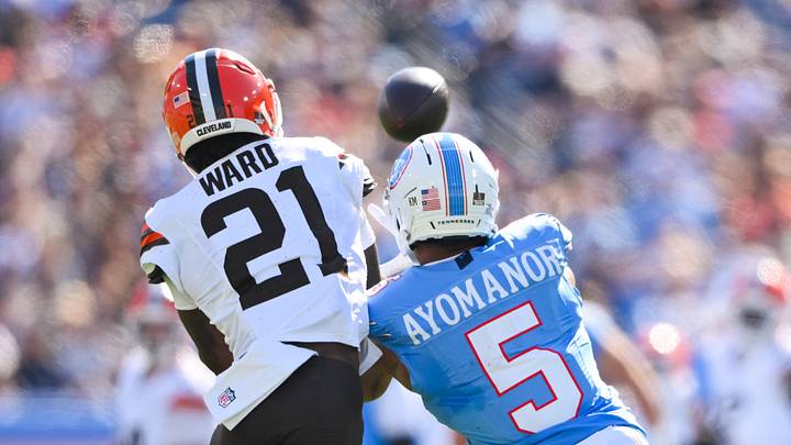 Oct 25, 2026; Nashville, Tennessee, USA; Cleveland Browns cornerback Denzel Ward (21) intercepts the pass thrown by quarterback Cam Ward (1) during the first half at Nissan Stadium. Mandatory Credit: Steve Roberts-Imagn Images Oct 25, 2026; Nashville, Tennessee, USA; Cleveland Browns cornerback Denzel Ward (21) intercepts the pass thrown by quarterback Cam Ward (1) during the first half at Nissan Stadium. Mandatory Credit: Steve Roberts-Imagn Images