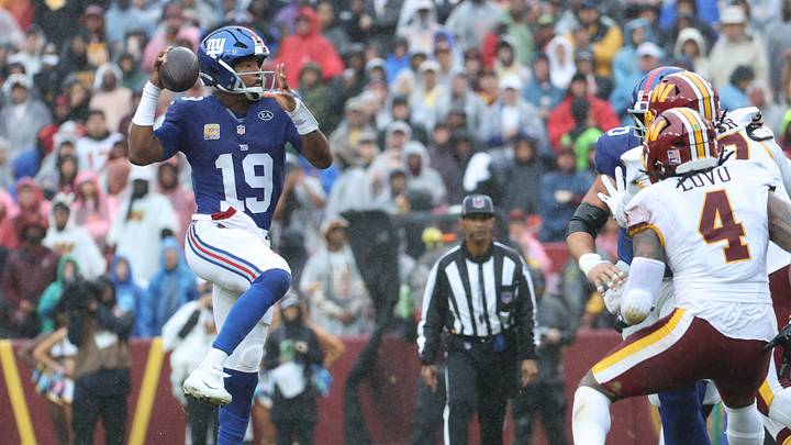 Oct 11, 2026; Landover, Maryland, USA; New York Giants quarterback Jameis Winston (19) looks to pass the ball during the first quarter against the Washington Commanders at Northwest Stadium. Oct 11, 2026; Landover, Maryland, USA; New York Giants quarterback Jameis Winston (19) looks to pass the ball during the first quarter against the Washington Commanders at Northwest Stadium.