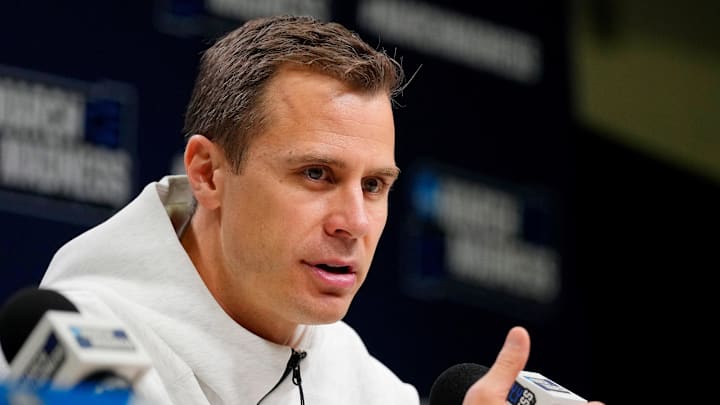 Mar 21, 2024; Brooklyn, NY, USA; Duke basketball coach Jon Scheyer talks to the media at a press conference at