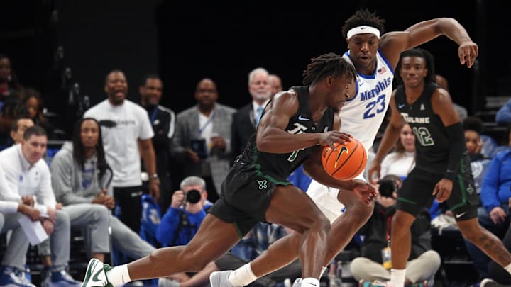 Feb 11, 2024; Memphis, Tennessee, USA; Duke basketball guard Sion James (1) drives to the basket