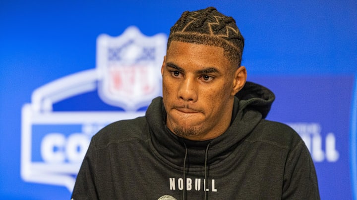 Mar 1, 2024; Indianapolis, IN, USA; Florida State wide receiver Keon Coleman (WO04) talks to the