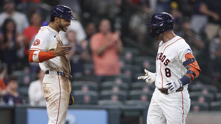 May 30, 2026; Houston, Texas, USA; Houston Astros first baseman Christian Walker (8) celebrates with shortstop Jeremy Pena (3) after hitting a home run during the eighth inning against the Milwaukee Brewers at Daikin Park. Mandatory Credit: Troy Taormina-Imagn Images May 30, 2026; Houston, Texas, USA; Houston Astros first baseman Christian Walker (8) celebrates with shortstop Jeremy Pena (3) after hitting a home run during the eighth inning against the Milwaukee Brewers at Daikin Park. Mandatory Credit: Troy Taormina-Imagn Images