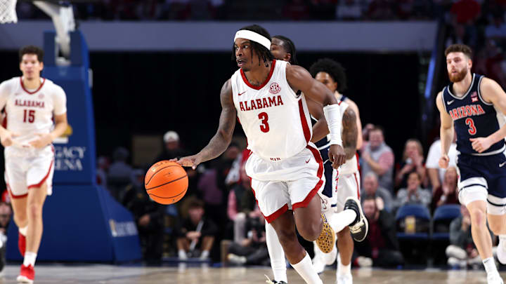 Dec 13, 2025; Birmingham, Alabama, USA; Alabama Crimson Tide guard Latrell Wrightsell Jr. (3) dribbles during the first half against the Arizona Wildcats at Legacy Arena at BJCC. Mandatory Credit: David Leong-Imagn Images Dec 13, 2025; Birmingham, Alabama, USA; Alabama Crimson Tide guard Latrell Wrightsell Jr. (3) dribbles during the first half against the Arizona Wildcats at Legacy Arena at BJCC. Mandatory Credit: David Leong-Imagn Images