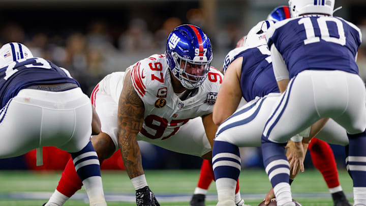 Nov 28, 2024; Arlington, Texas, USA; New York Giants defensive tackle Dexter Lawrence II (97) lines up during the first quarter against the Dallas Cowboys at AT&T Stadium. 