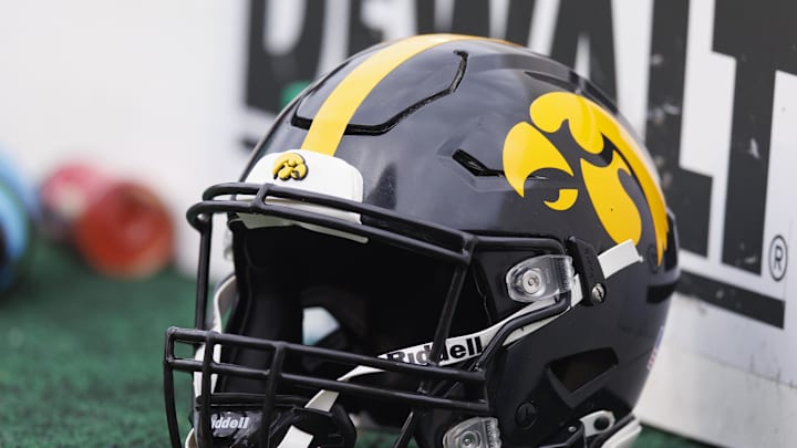 Oct 14, 2023; Madison, Wisconsin, USA;  General view of an Iowa Hawkeyes helmet during the game against the Wisconsin Badgers at Camp Randall Stadium. Mandatory Credit: Jeff Hanisch-Imagn Images