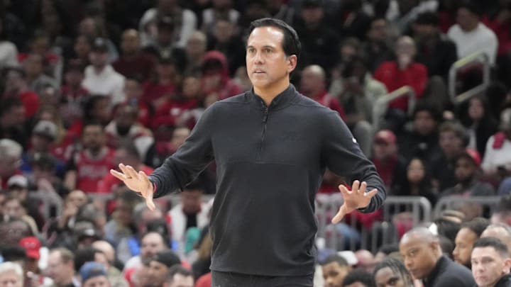 Apr 16, 2025; Chicago, Illinois, USA; Miami Heat head coach Erik Spoelstra gestures to his team against the Chicago Bulls during the second half at United Center. Mandatory Credit: David Banks-Imagn Images Apr 16, 2025; Chicago, Illinois, USA; Miami Heat head coach Erik Spoelstra gestures to his team against the Chicago Bulls during the second half at United Center. Mandatory Credit: David Banks-Imagn Images