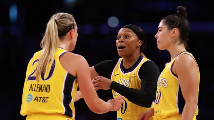 Jun 1, 2025; Los Angeles, California, USA; Los Angeles Sparks guard Odyssey Sims (0, center) speaks to guard Julie Allemand (20) and guard Kelsey Plum (10) during the first half against the Phoenix Mercury at Crypto.com Arena. Mandatory Credit: Kiyoshi Mio-Imagn Images Jun 1, 2025; Los Angeles, California, USA; Los Angeles Sparks guard Odyssey Sims (0, center) speaks to guard Julie Allemand (20) and guard Kelsey Plum (10) during the first half against the Phoenix Mercury at Crypto.com Arena. Mandatory Credit: Kiyoshi Mio-Imagn Images