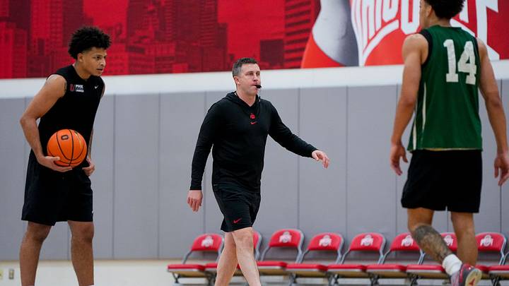 Ohio State Buckeyes head coach Jake Diebler blows the whistle during practice in the practice gym at the Schottenstein Center on July 21, 2026 in Columbus, Ohio. Ohio State Buckeyes head coach Jake Diebler blows the whistle during practice in the practice gym at the Schottenstein Center on July 21, 2026 in Columbus, Ohio.