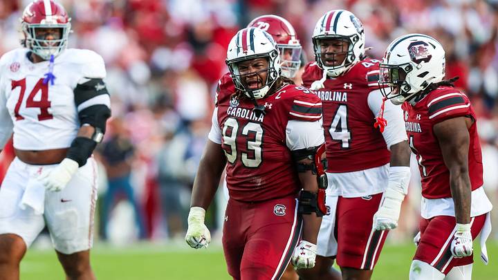 Oct 25, 2025; Columbia, South Carolina, USA; South Carolina Gamecocks defensive lineman Nick Barrett (93) reacts to a stop against the Alabama Crimson Tide in the second half at Williams-Brice Stadium. Mandatory Credit: Jeff Blake-Imagn Images