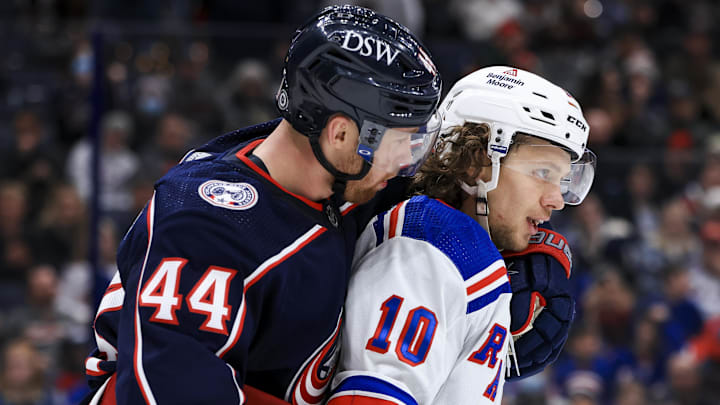 Jan 27, 2022; Columbus, Ohio, USA; Columbus Blue Jackets defenseman Vladislav Gavrikov (44) holds onto New York Rangers left wing Artemi Panarin (10) during a stop in play in the third period at Nationwide Arena. Mandatory Credit: Aaron Doster-Imagn Images Jan 27, 2022; Columbus, Ohio, USA; Columbus Blue Jackets defenseman Vladislav Gavrikov (44) holds onto New York Rangers left wing Artemi Panarin (10) during a stop in play in the third period at Nationwide Arena. Mandatory Credit: Aaron Doster-Imagn Images