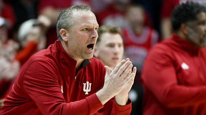Jan 27, 2026; Bloomington, Indiana, USA; Indiana Hoosiers head coach Darian DeVries claps his hands against the Purdue Boilermakers during the first half at Simon Skjodt Assembly Hall. Mandatory Credit: Robert Goddin-Imagn Images