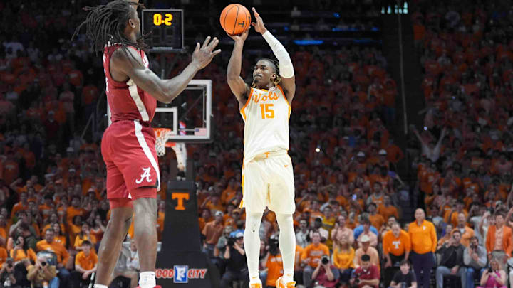 Tennessee's Jahmai Mashack (15) makes a game-winning three-point shot with .2 seconds on the clock to defeat Alabama, during a men’s college basketball game between Tennessee and Alabama at Thompson-Boling Arena at Food City Center, Saturday, March 1, 2025.