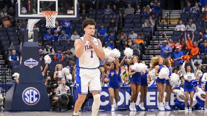 Mar 14, 2025; Nashville, TN, USA;  Florida Gators guard Walter Clayton Jr. (1) reacts after a made three point basket  against the Missouri Tigers during the first half at Bridgestone Arena. Mandatory Credit: Steve Roberts-Imagn Images