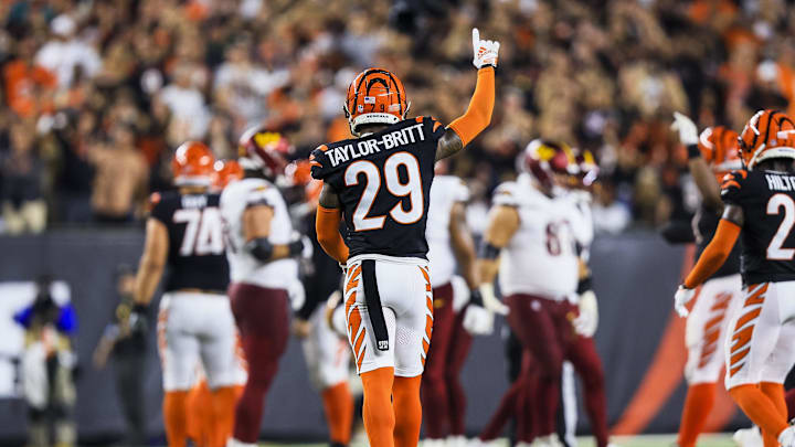 Sep 23, 2024; Cincinnati, Ohio, USA; Cincinnati Bengals cornerback Cam Taylor-Britt (29) reacts after a play in the second half against the Washington Commanders at Paycor Stadium. Mandatory Credit: Katie Stratman-Imagn Images Sep 23, 2024; Cincinnati, Ohio, USA; Cincinnati Bengals cornerback Cam Taylor-Britt (29) reacts after a play in the second half against the Washington Commanders at Paycor Stadium. Mandatory Credit: Katie Stratman-Imagn Images
