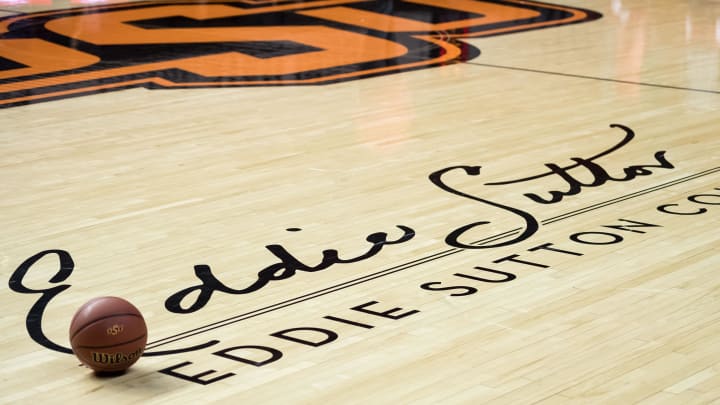 Nov 29, 2017; Stillwater, OK, USA; A view of the Eddie Sutton Court logo before the Oklahoma State Cowboys game at Gallagher-Iba Arena. Mandatory Credit: Rob Ferguson-USA TODAY Sports Nov 29, 2017; Stillwater, OK, USA; A view of the Eddie Sutton Court logo before the Oklahoma State Cowboys game at Gallagher-Iba Arena. Mandatory Credit: Rob Ferguson-USA TODAY Sports
