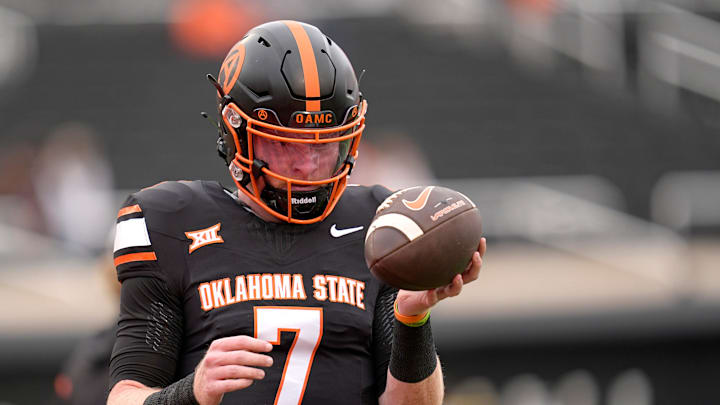 Oklahoma State Cowboys quarterback Alan Bowman (7) warms up before the college football game between the Oklahoma State Cowboys and the Arizona State Sun Devils at Boone Pickens Stadium in Stillwater, Okla., Saturday, Nov., 2, 2024.