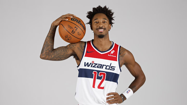 Sep 30, 2024; Washington, DC, USA; Washington Wizards forward Leaky Black (12) poses for a portrait during Washington Wizards media day 2024 at Capital One Arena. Mandatory Credit: Geoff Burke-Imagn Images Sep 30, 2024; Washington, DC, USA; Washington Wizards forward Leaky Black (12) poses for a portrait during Washington Wizards media day 2024 at Capital One Arena. Mandatory Credit: Geoff Burke-Imagn Images