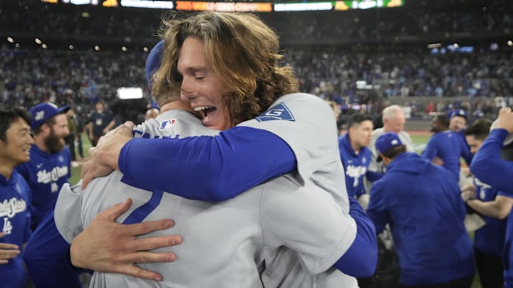 Oct 31, 2025; Toronto, Ontario, CAN; Los Angeles Dodgers pitcher Blake Snell (7) and pitcher Tyler Glasnow (31) celebrate after defeating the Toronto Blue Jays in the 2025 MLB World Series at Rogers Centre. Mandatory Credit: John E. Sokolowski-Imagn Images Oct 31, 2025; Toronto, Ontario, CAN; Los Angeles Dodgers pitcher Blake Snell (7) and pitcher Tyler Glasnow (31) celebrate after defeating the Toronto Blue Jays in the 2025 MLB World Series at Rogers Centre. Mandatory Credit: John E. Sokolowski-Imagn Images