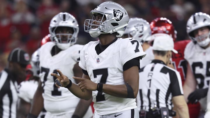 Dec 21, 2025; Houston, Texas, USA; Las Vegas Raiders quarterback Geno Smith (7) reacts after a play during the second half against the Houston Texans at NRG Stadium. Mandatory Credit: Troy Taormina-Imagn Images